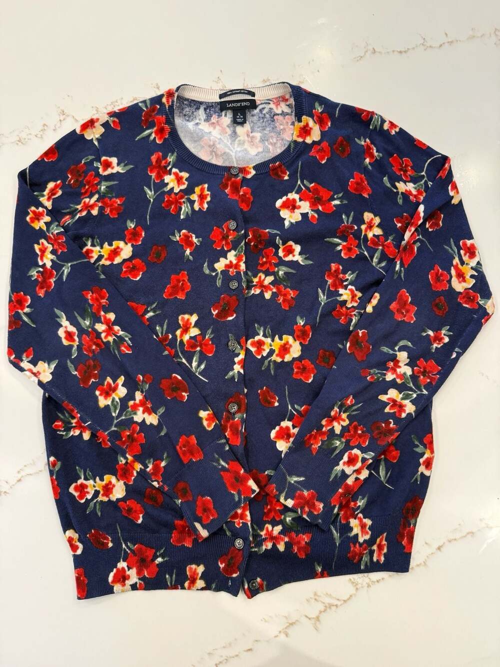 Lands' End Supima Cotton Floral Cardigan Sweater Size L 14-16